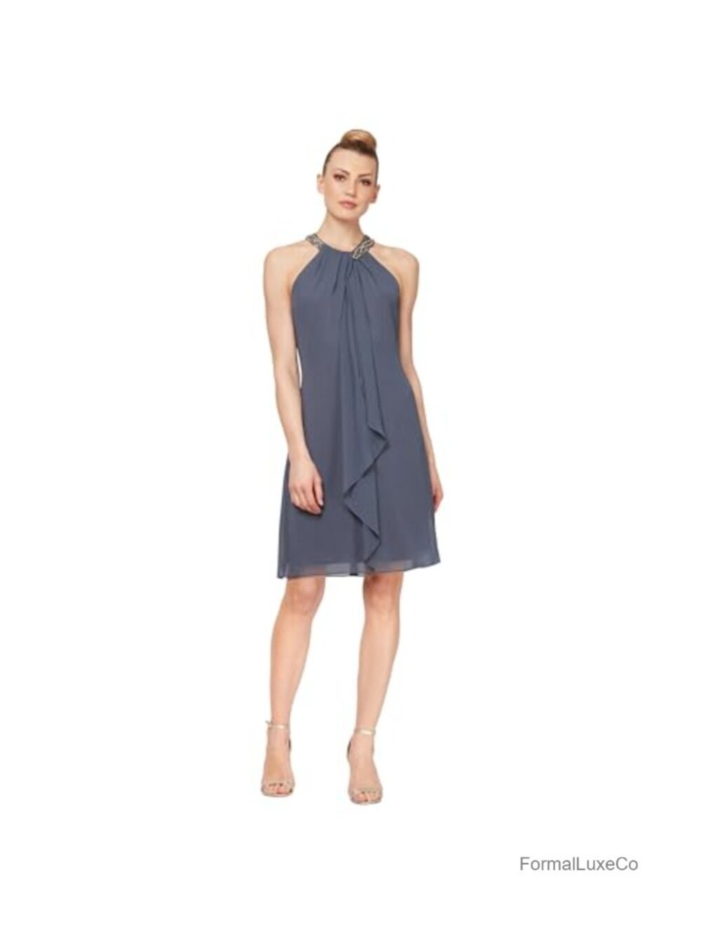 Sleeveless Chiffon Sheath Cocktail Dress Beaded Halter Ruffle Front